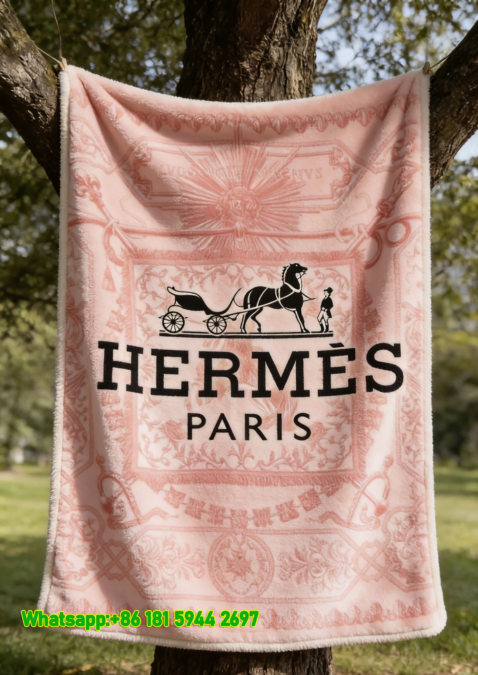 Luxury Hermès Pink Ornate Flannel Sofa Throw Blanket IMG_4930